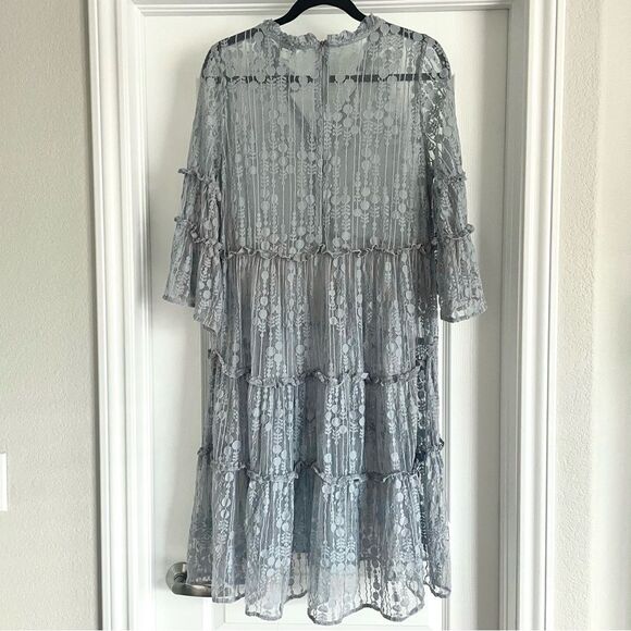 Sundance Ellery Lace Flare Sleeve Midi Dress Dusty Blue Sheer Prairie Size PL - Picture 4 of 13